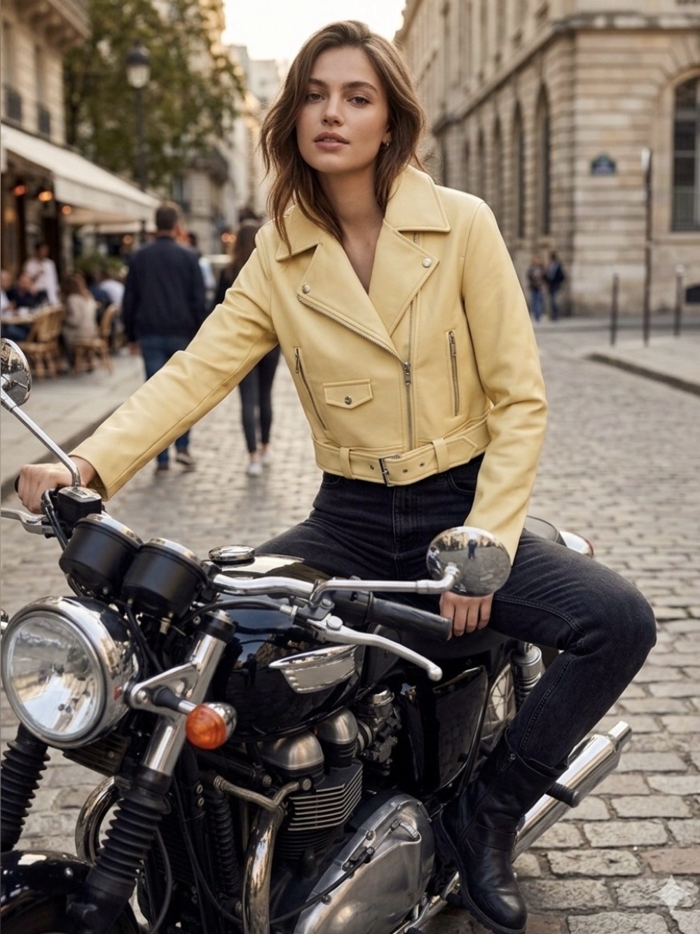 Urban Outfitters Pale Yellow Cropped Faux Leather Biker Jacket